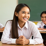 **

Friendly classroom scene. Thai teacher smiling, using approachable language. Diverse students engaged, asking questions. Atmosphere of respect and encouragement. Soft, warm lighting. Focus on positive interaction.

**
