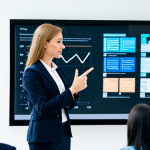 A professional female instructor, fully clothed in a modest business suit, confidently presenting complex yet clearly organized information on a transparent interactive display in a modern, brightly lit university lecture hall. Students, fully clothed in appropriate attire and professional dress, are actively engaged, showing understanding and focused attention. The scene emphasizes clarity and a strong foundation in learning. High-quality professional photography, perfect anatomy, correct proportions, natural pose, well-formed hands, proper finger count, natural body proportions, safe for work, appropriate content, fully clothed, professional, family-friendly.