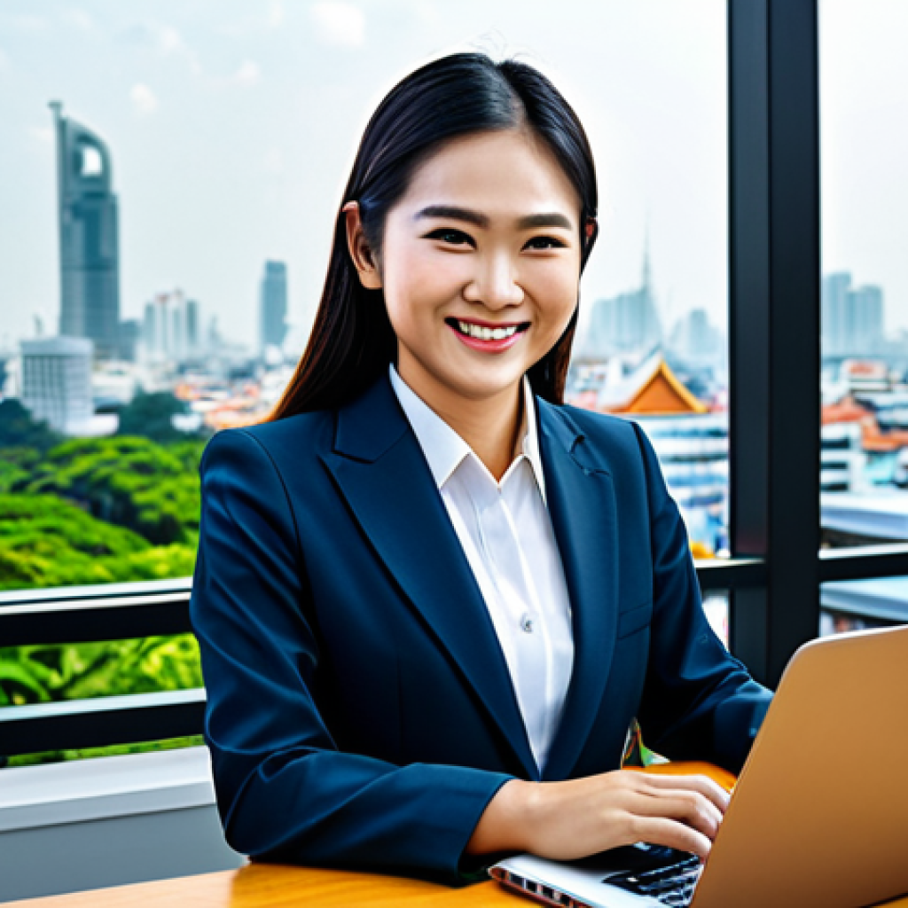 학습자 참여를 위한 게임화 전략 - ** A professional Thai businesswoman in a modest, tailored business suit, smiling confidently while ...