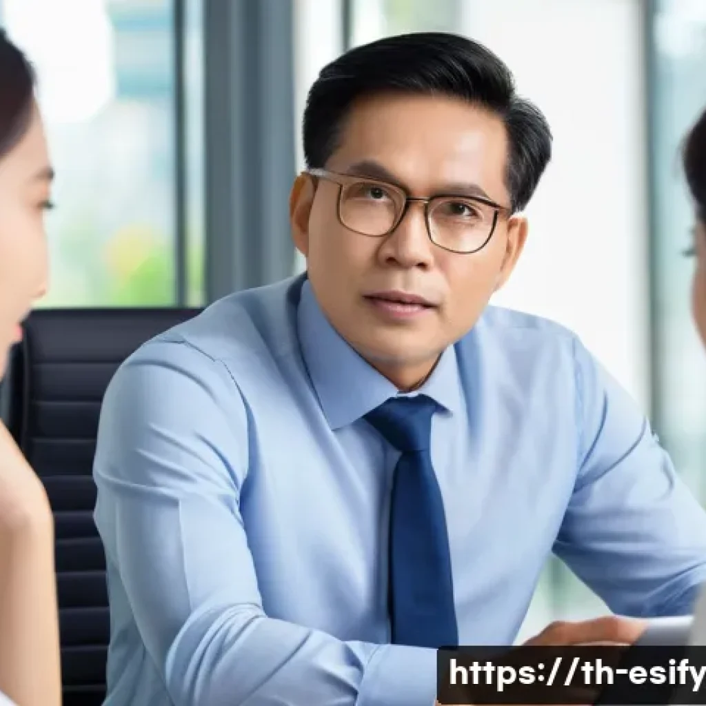 소통 강화를 위한 리더십 기술 - A professional Thai team meeting in a modern office setting, focused on active listening and respect...