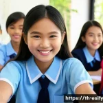 Home 22 소통 기법이 학습자 참여에 미치는 영향 - A vibrant classroom scene in a modern Thai school setting, showing a cheerful female teacher using e...
