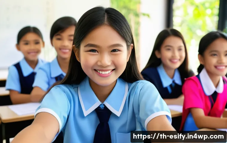 소통 기법이 학습자 참여에 미치는 영향 - A vibrant classroom scene in a modern Thai school setting, showing a cheerful female teacher using e...