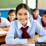 Home 21 소통을 통한 학습자와의 관계 강화 - A warm and friendly classroom scene in a modern Thai school setting, featuring a smiling female teac...