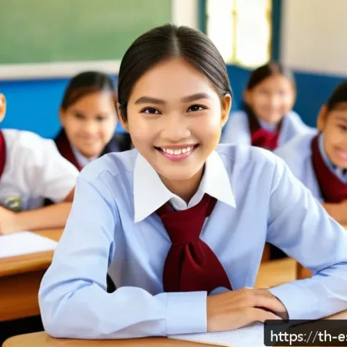Home 33 소통을 통한 학습자와의 관계 강화 - A warm and friendly classroom scene in a modern Thai school setting, featuring a smiling female teac...