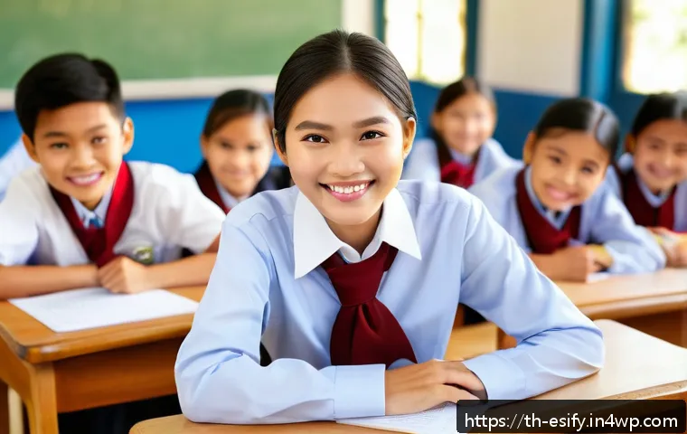 소통을 통한 학습자와의 관계 강화 - A warm and friendly classroom scene in a modern Thai school setting, featuring a smiling female teac...