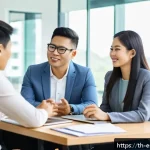 Home 20 소통과 참여를 연결하는 기법 - A diverse Thai office team in a modern meeting room, engaged in an open discussion circle without hi...