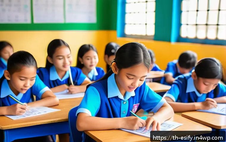 학습자 참여 증대를 위한 설문 작성법 - A vibrant and friendly classroom scene in a modern Thai school, showing diverse students happily eng...