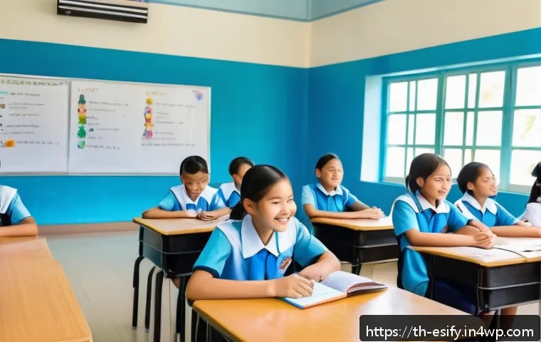 학습자 중심의 소통 방법론 - A warm and inviting classroom scene in a modern Thai elementary school, with diverse students sittin...